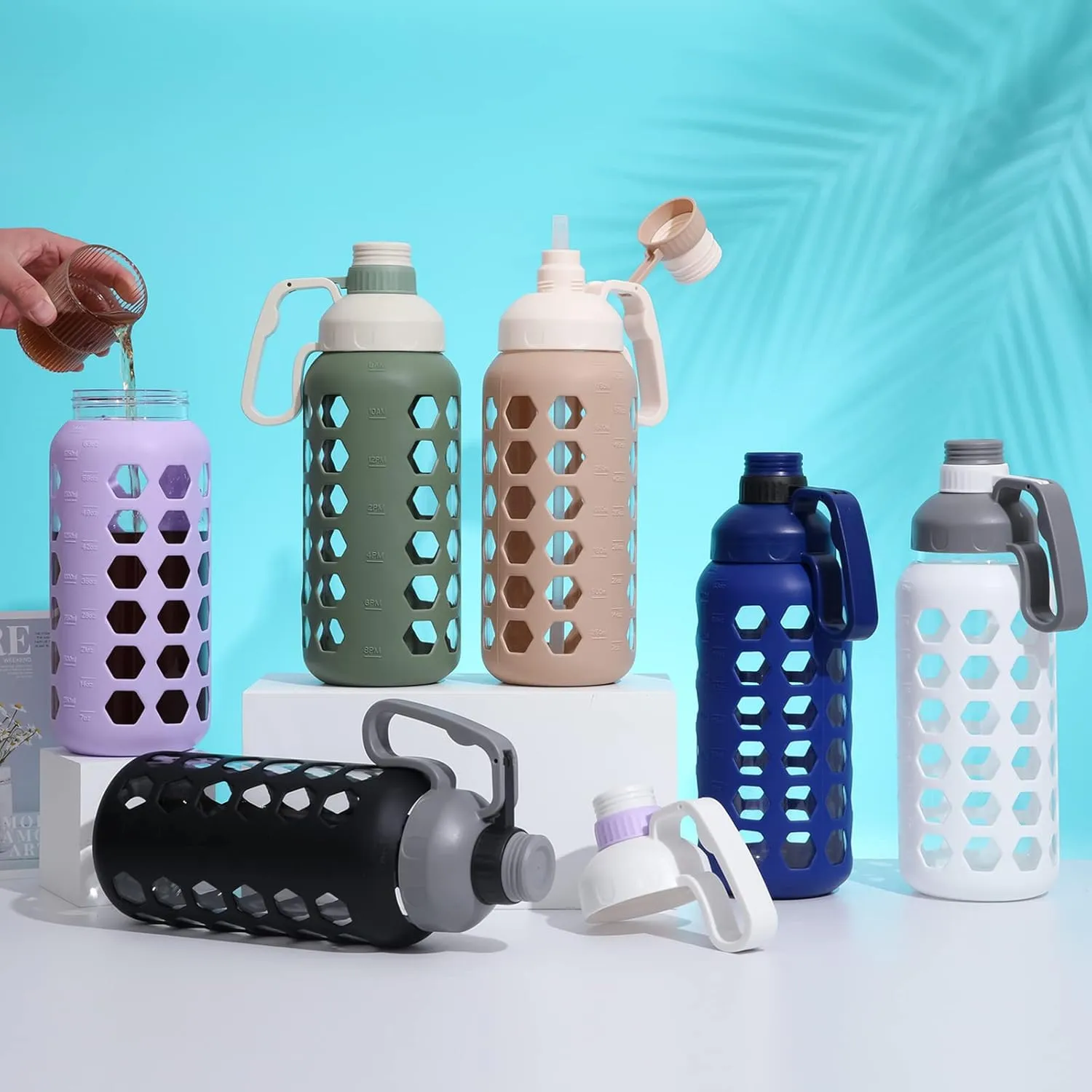 MUKOKO 64 Oz Glass Water Bottles, Half Gallon Water Bottle With Straw And Silicone Sleeve Wide Mouth Leakproof Reusable Water Jug With Time Marker And Handle For Gym, Outdoor, BPA Free,White