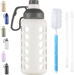 MUKOKO 64 Oz Glass Water Bottles, Half Gallon Water Bottle With Straw And Silicone Sleeve Wide Mouth Leakproof Reusable Water Jug With Time Marker And Handle For Gym, Outdoor, BPA Free,White