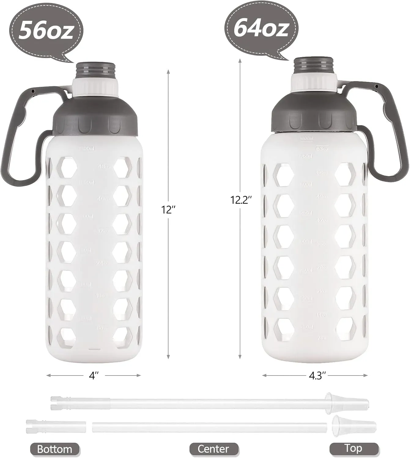 MUKOKO 64 Oz Glass Water Bottles, Half Gallon Water Bottle With Straw And Silicone Sleeve Wide Mouth Leakproof Reusable Water Jug With Time Marker And Handle For Gym, Outdoor, BPA Free,White