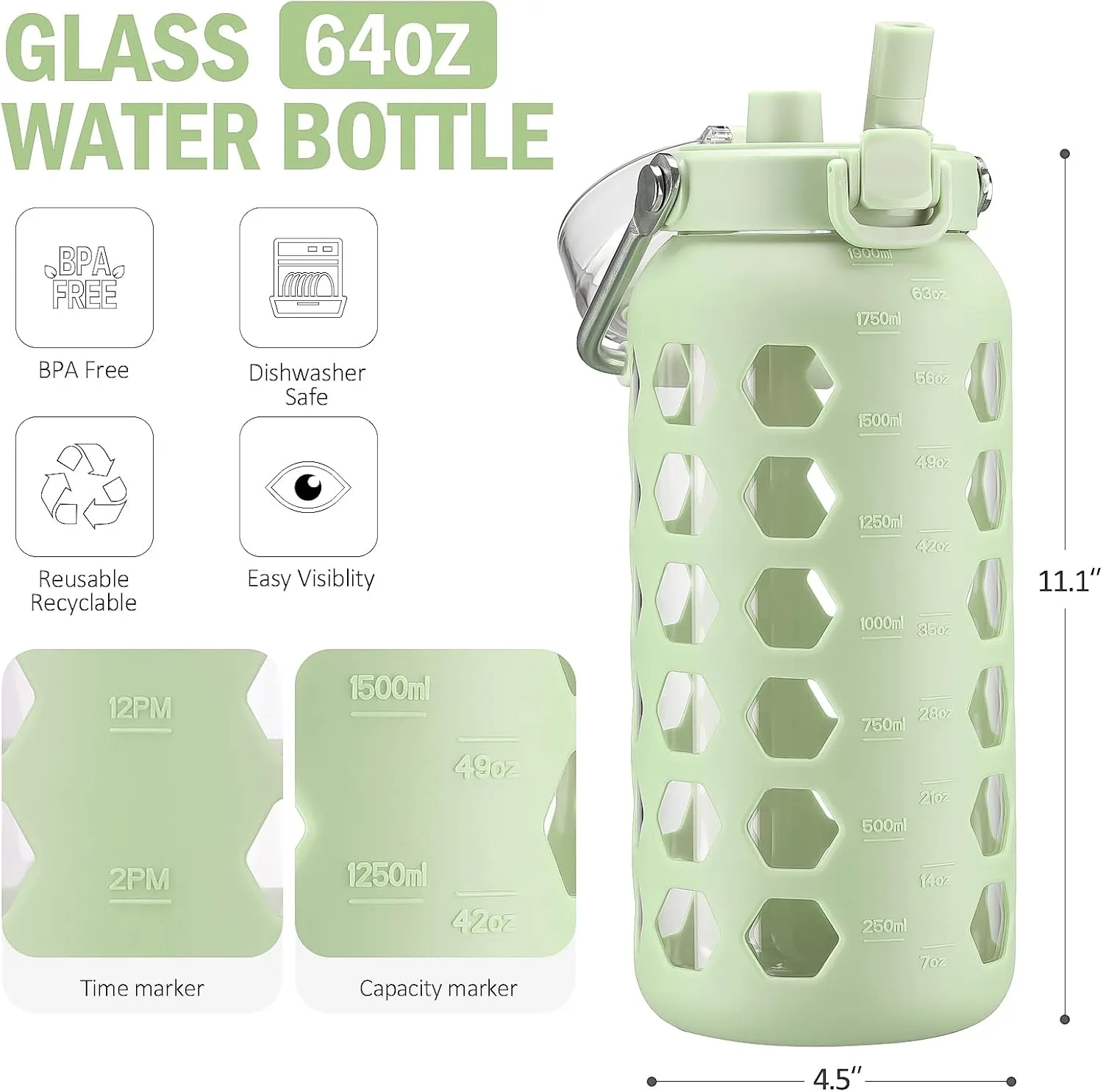 MUKOKO 64oz Glass Water Bottles with Straw and Lid,Half Gallon Water Bottle with Time Marker,Large Glass Water Jug with Silicone Sleeve and Stainless Steel Handle-Green