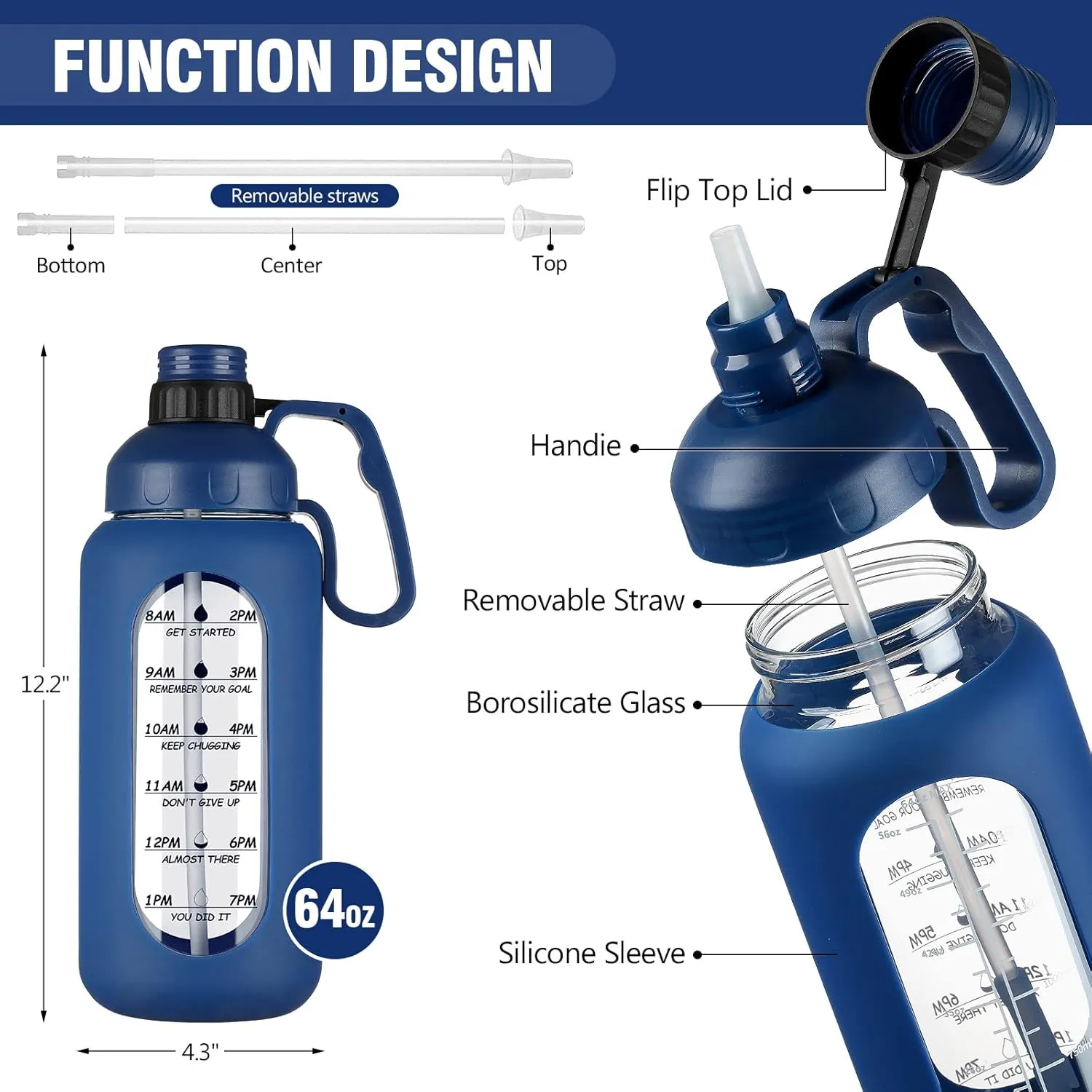 MUKOKO 64oz Glass Water Bottles with Straw, Half Gallon Water Jug with Time Marker, Sports Large Motivational Bottle with Silicone Sleeve, Klein