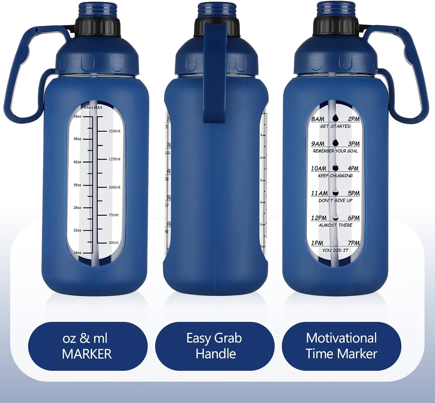 MUKOKO 64oz Glass Water Bottles with Straw, Half Gallon Water Jug with Time Marker, Sports Large Motivational Bottle with Silicone Sleeve, Klein