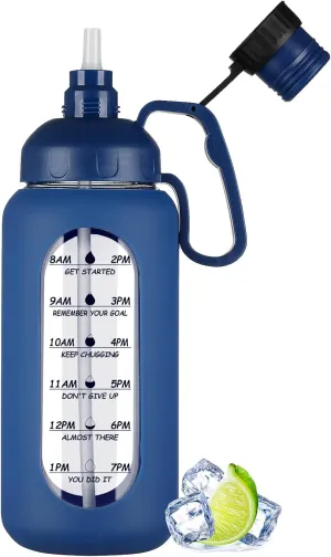 MUKOKO 64oz Glass Water Bottles with Straw, Half Gallon Water Jug with Time Marker, Sports Large Motivational Bottle with Silicone Sleeve, Klein