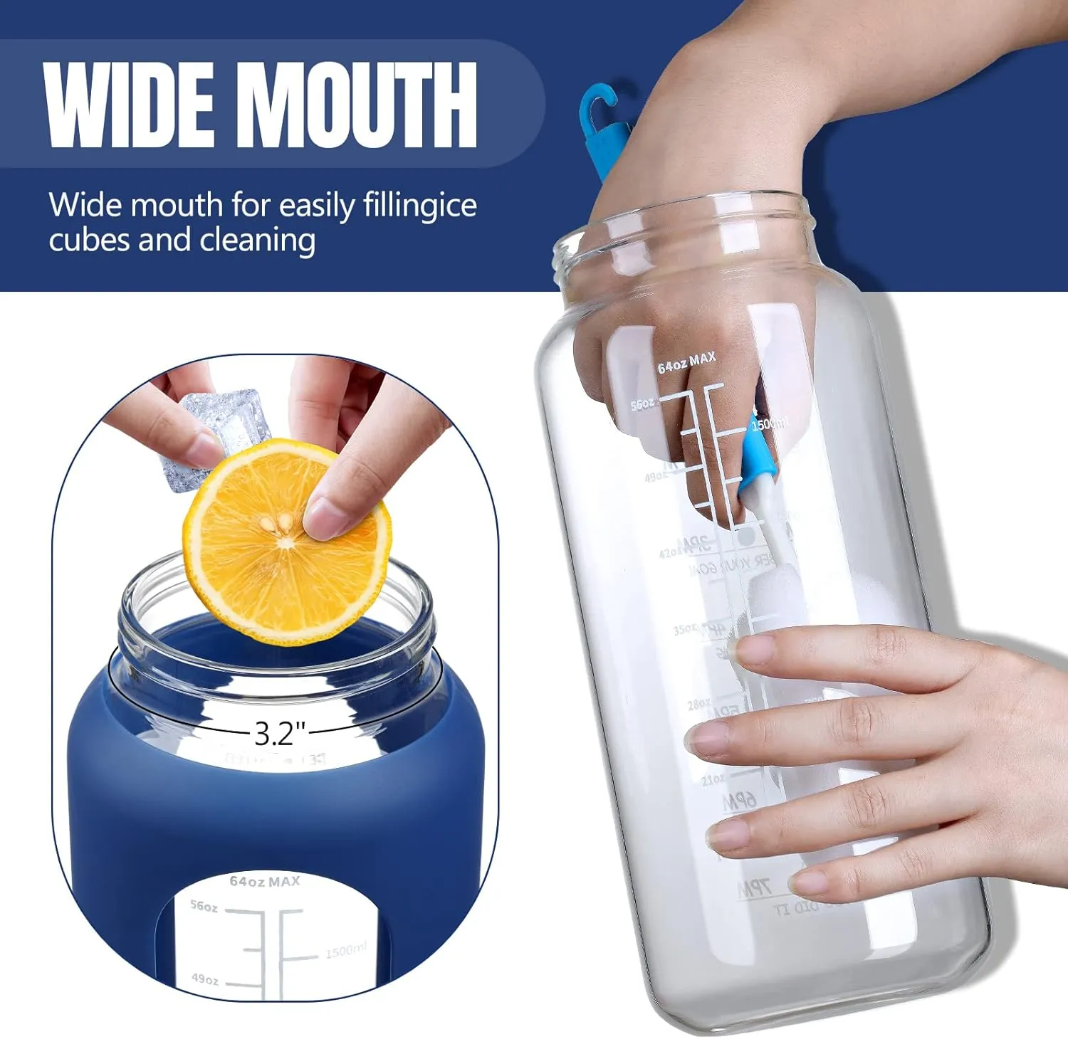 MUKOKO 64oz Glass Water Bottles with Straw, Half Gallon Water Jug with Time Marker, Sports Large Motivational Bottle with Silicone Sleeve, Klein