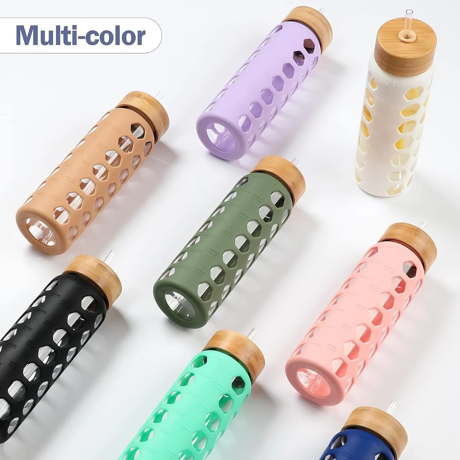 MUKOKO Glass Water Bottles, 24oz Glass Tumbler with Straw, Drinking Bottles with 2 Lids-Handle Spout Lid&Bamboo Straw Lid, Motivational Water Bottle with Time Marker and Silicone Sleeve, 1 Pack-Olive