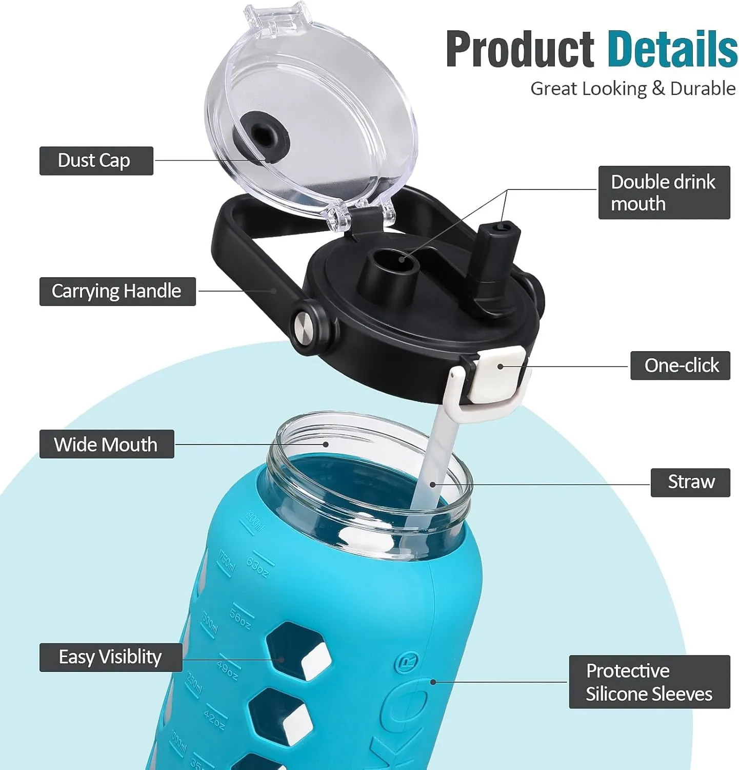 MUKOKO Half Gallon/64 oz Glass Water Bottles with Straw and Lid,Motivational Water Jug with Time Marker Reminder and Silicone Sleeve,100% Leakproof BPA Free Fitness Sports Large Bottle-Teal