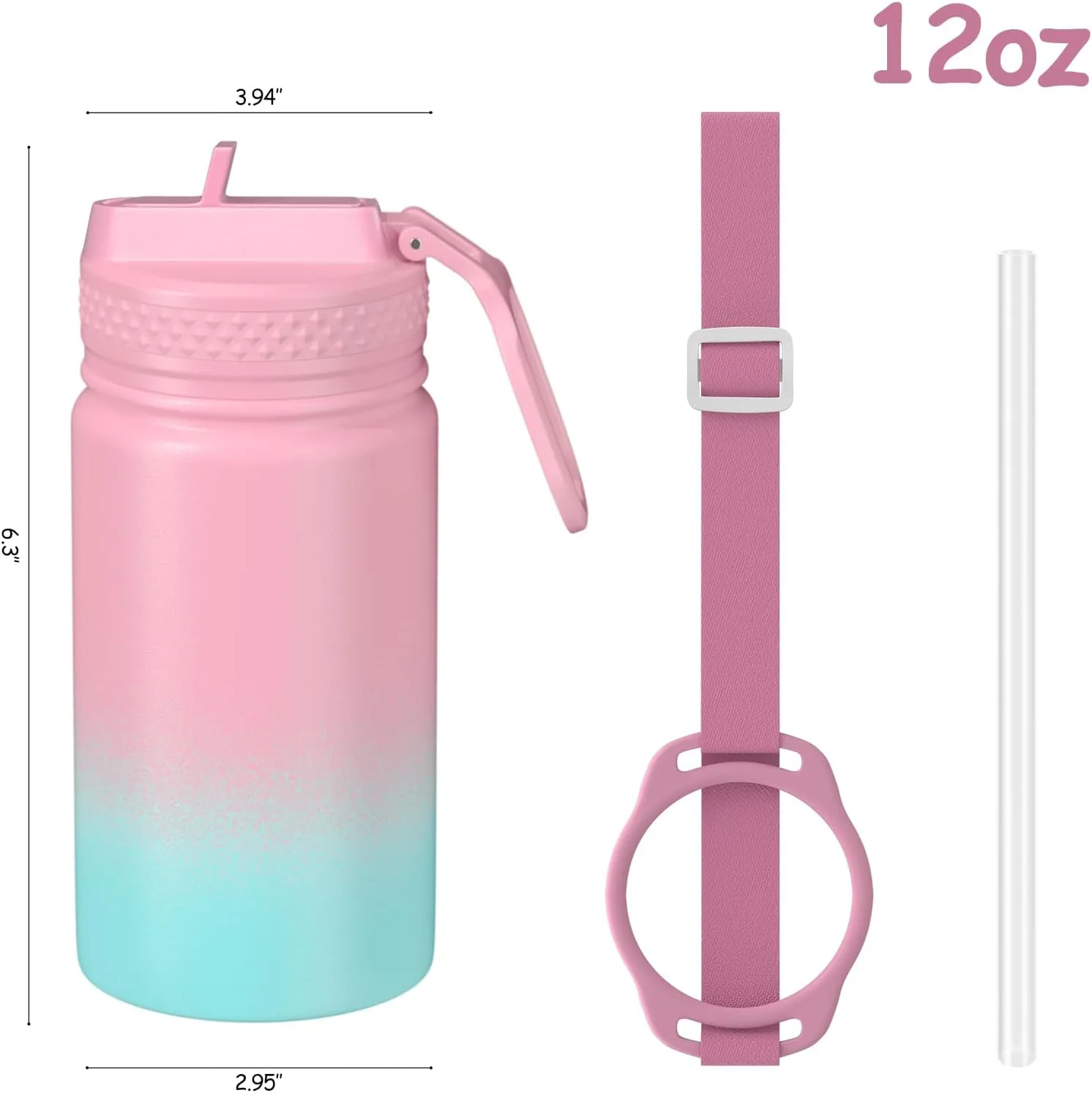 MURRICON 12oz Kids Water Bottle for School,Stainless Steel Water Bottles Kids with Straw,Vacuum Insulated Water Bottle for Kids,Gifts for Boys and Girls,PinkGreen