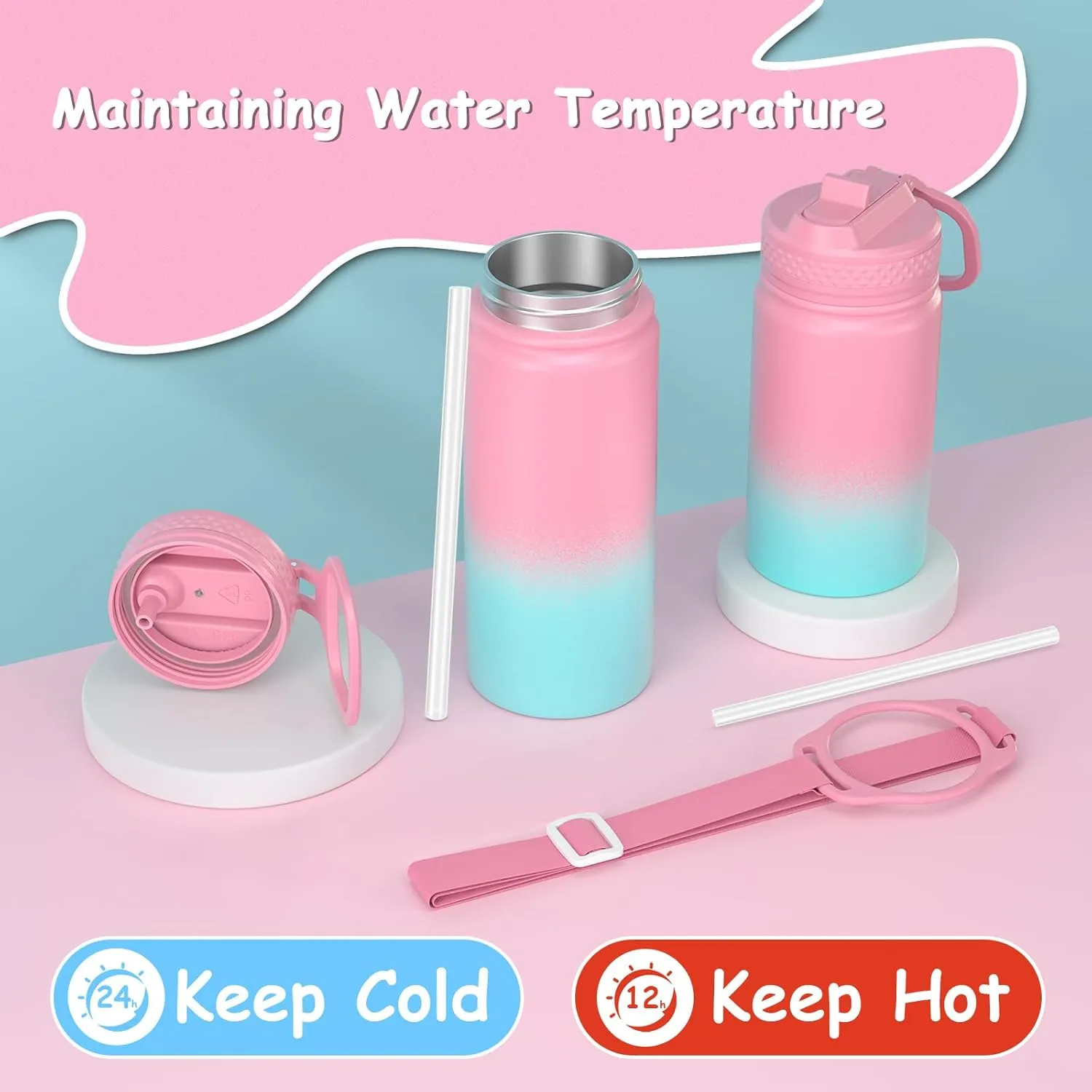 MURRICON 12oz Kids Water Bottle for School,Stainless Steel Water Bottles Kids with Straw,Vacuum Insulated Water Bottle for Kids,Gifts for Boys and Girls,PinkGreen
