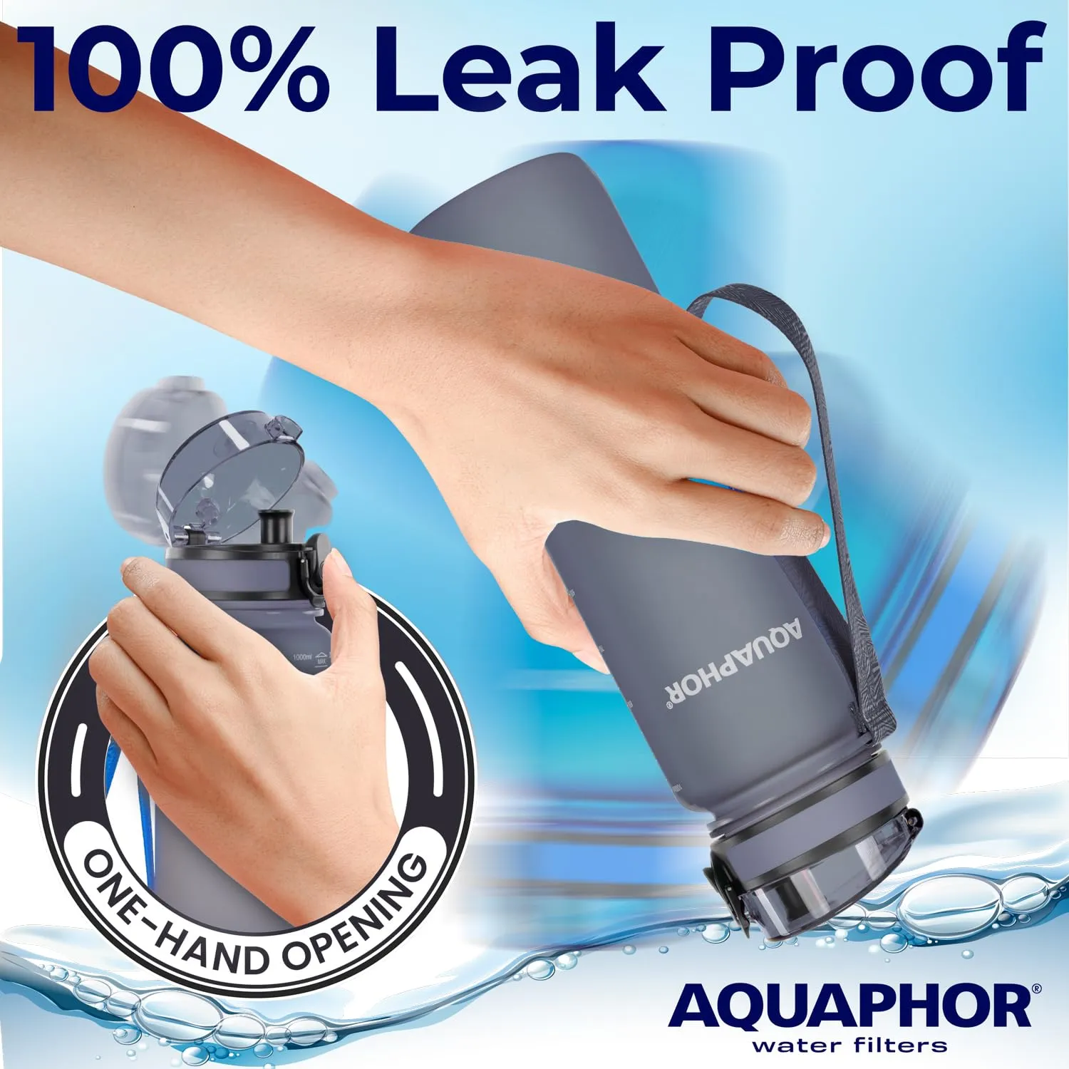 Nakii Filtered Water Bottle, Leakproof, BPA-Free, Motivational Markings, Travel, Everyday Use. 40-Gallon Filter, Replaces 300 Plastic Water Bottles. Includes 1 Filter, 34 FL Oz, Grey by Aquaphor
