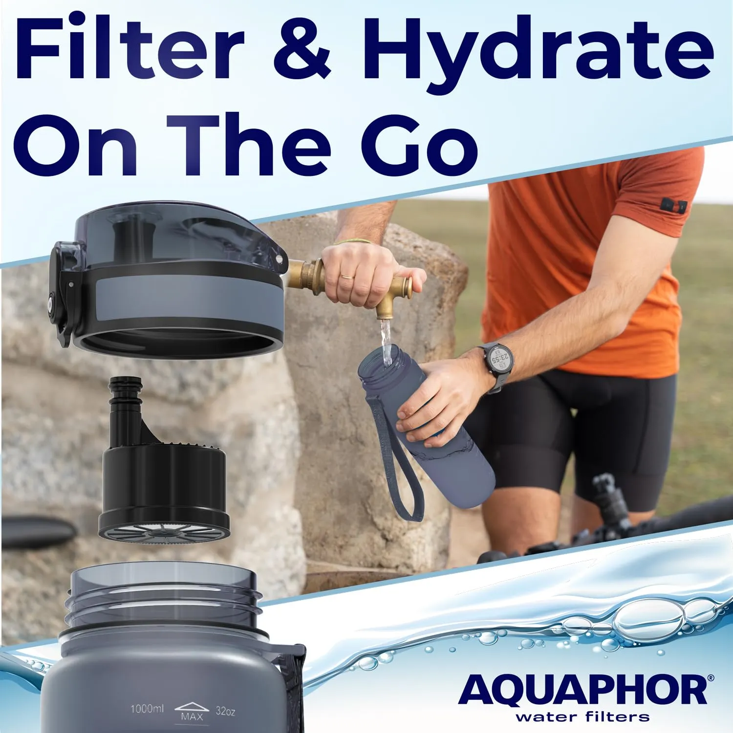 Nakii Filtered Water Bottle, Leakproof, BPA-Free, Motivational Markings, Travel, Everyday Use. 40-Gallon Filter, Replaces 300 Plastic Water Bottles. Includes 1 Filter, 34 FL Oz, Grey by Aquaphor