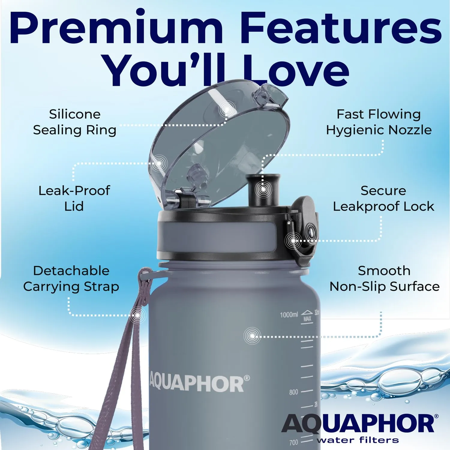 Nakii Filtered Water Bottle, Leakproof, BPA-Free, Motivational Markings, Travel, Everyday Use. 40-Gallon Filter, Replaces 300 Plastic Water Bottles. Includes 1 Filter, 34 FL Oz, Grey by Aquaphor