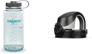 Nalgene Sustain Tritan BPA-Free Water Bottle Made with Material Derived from 50% Plastic Waste, 32 OZ, Wide Mouth, Seafoam & On The Fly Bottle Replacement Lid (Black/Gray), 22oz