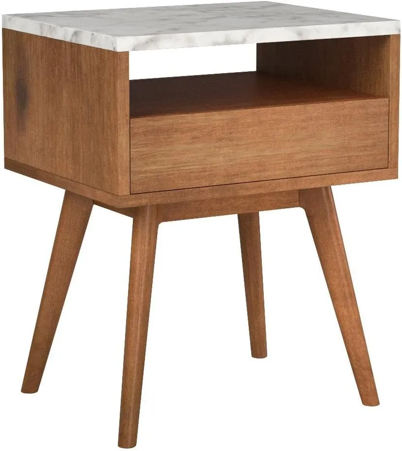 Nathan James Mid-Century Rectangle Accent Side or End Table Walnut Finish Wood and Faux Marble Top with Storage Nightstand, Frame, White/Brown
