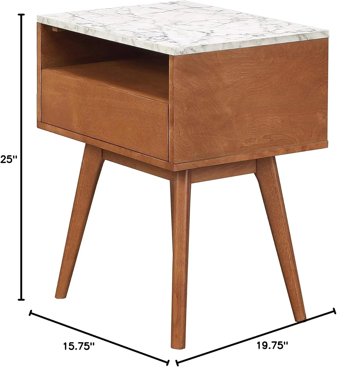 Nathan James Mid-Century Rectangle Accent Side or End Table Walnut Finish Wood and Faux Marble Top with Storage Nightstand, Frame, White/Brown