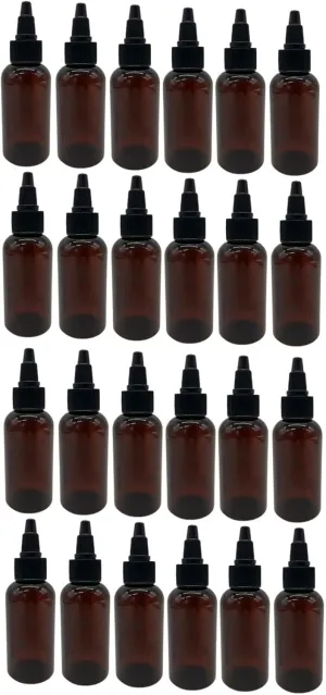 Natural Farms 2 oz Plastic Amber Boston BPA FREE - Boston Bottles - 24 Pack Empty Refillable Containers - Essential Oils - Hair - Black Twist Open/Close Cap - Made in the USA