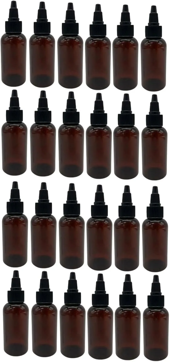 Natural Farms 2 oz Plastic Amber Boston BPA FREE - Boston Bottles - 24 Pack Empty Refillable Containers - Essential Oils - Hair - Black Twist Open/Close Cap - Made in the USA