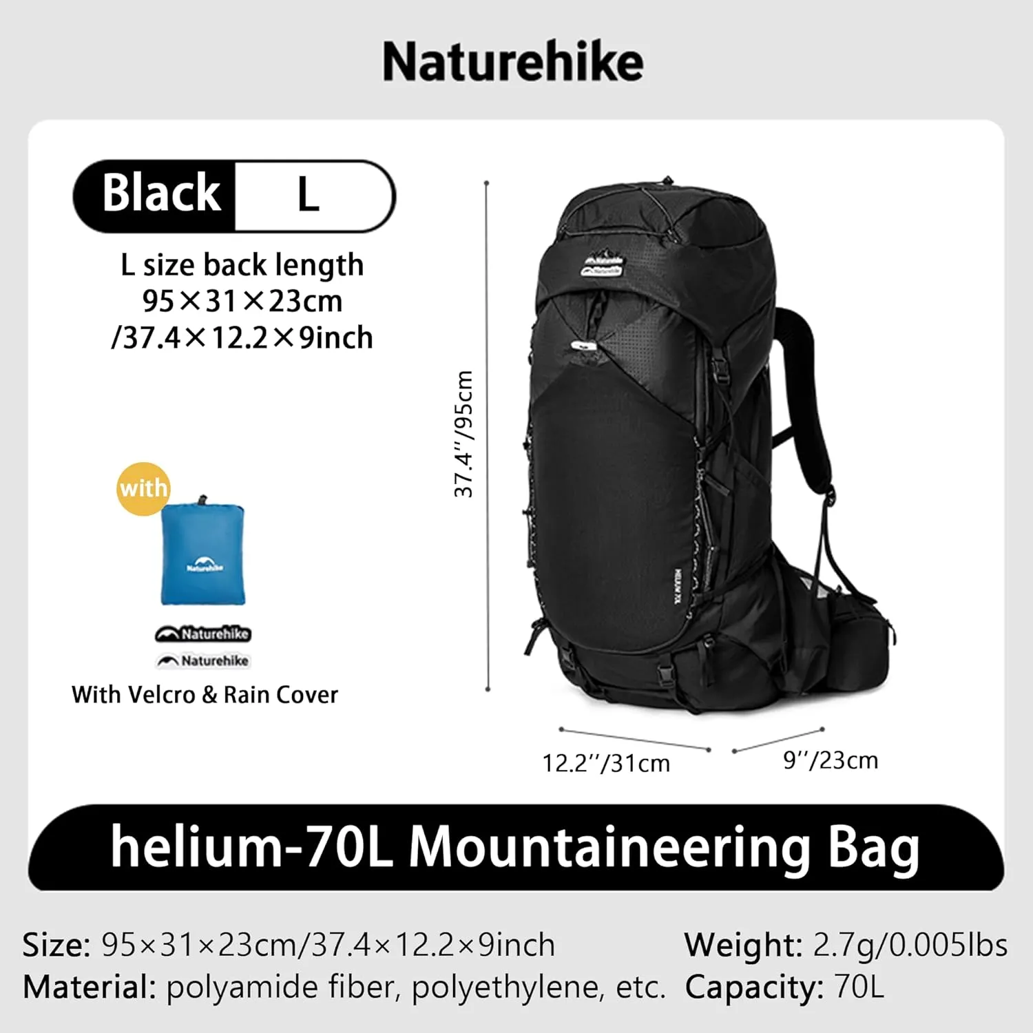 Naturehike 70L Adjustable Carrying System Hiking Backpack, Lightweight Backpack with U-Shaped Large Opening Zipper for Hiking (L)