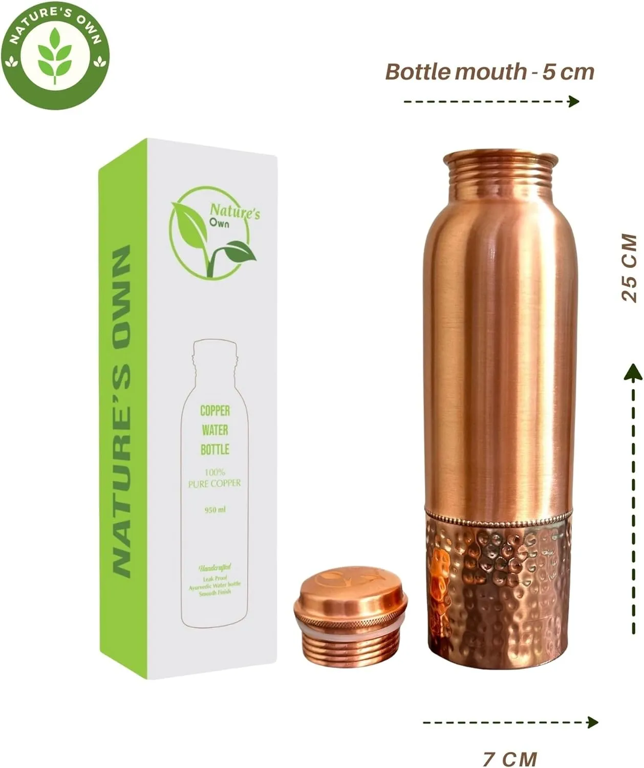 Nature's Own Hammered Copper Water Bottle 34 oz – Leak-Proof Ayurvedic Copper Bottle with Lid – Large Drinking Vessel for Daily Use