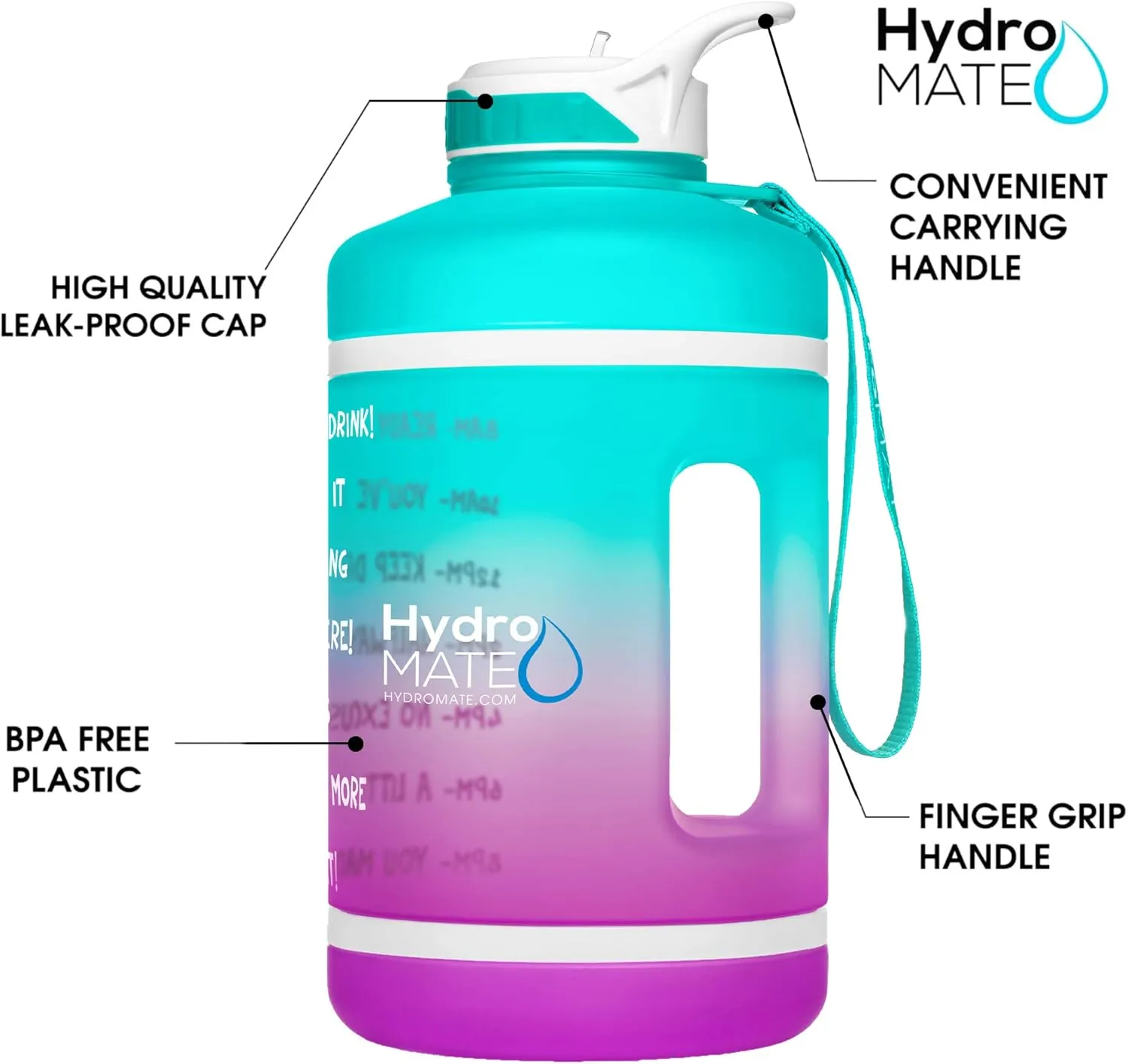 NatureWorks HydroMATE Half Gallon Water Bottle with Time Markers BPA Free Reusable Leak Proof Jug with Straw and Handle 64 oz