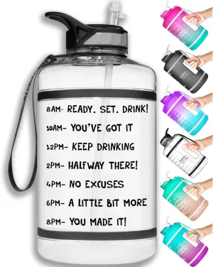 NatureWorks HydroMATE Half Gallon Water Bottle with Time Markers BPA Free Reusable Leak Proof Jug with Straw and Handle 64 oz