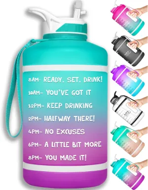 NatureWorks HydroMATE Half Gallon Water Bottle with Time Markers BPA Free Reusable Leak Proof Jug with Straw and Handle 64 oz