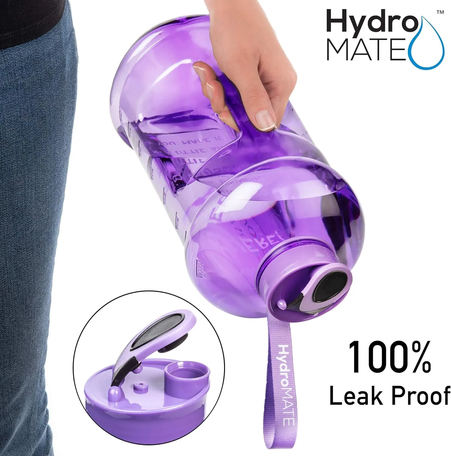 NatureWorks HydroMATE Half Gallon Water Bottle with Times to Drink BPA Free Leak Proof Reusable Jug with Handle 64 oz