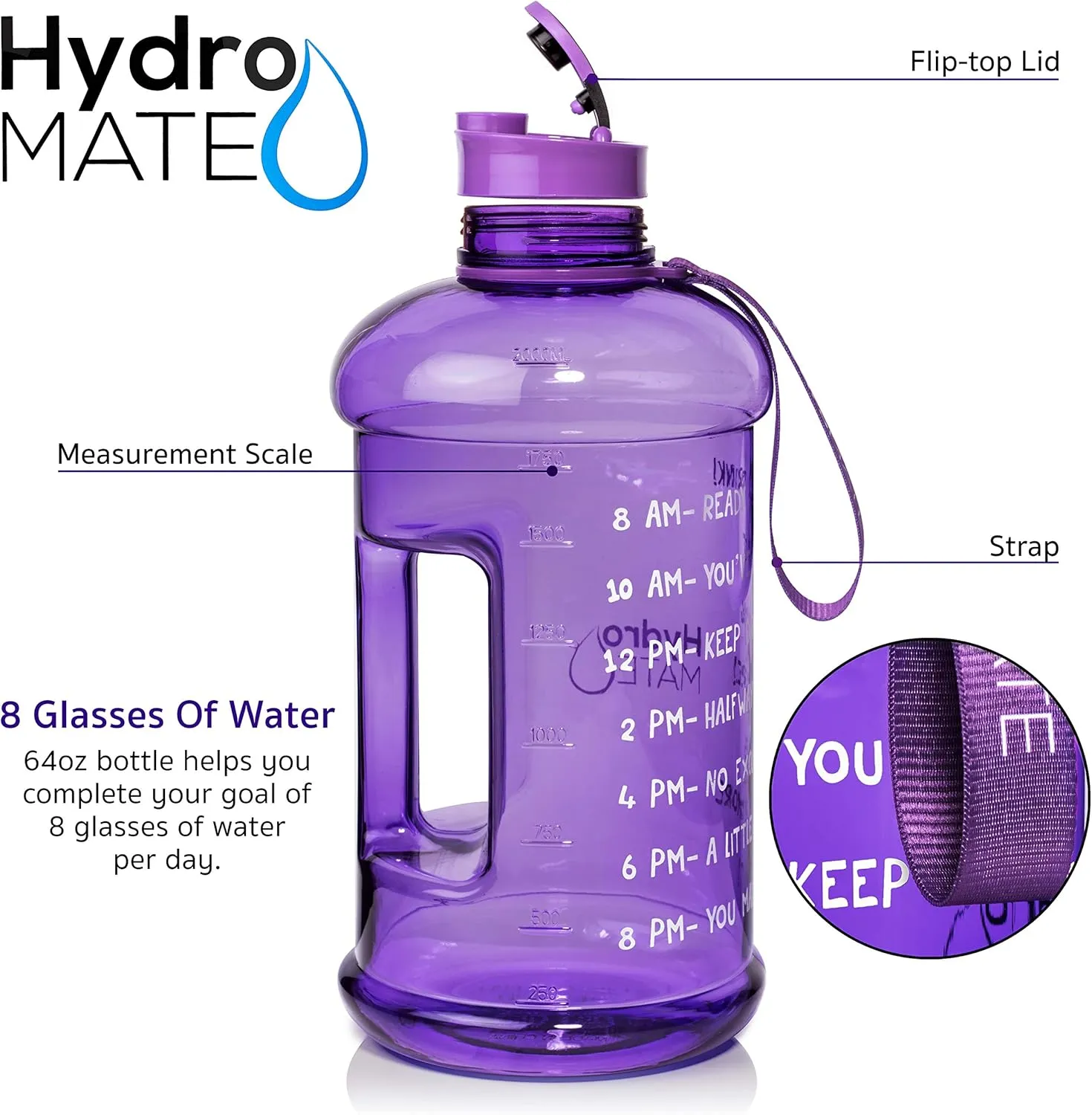 NatureWorks HydroMATE Half Gallon Water Bottle with Times to Drink BPA Free Leak Proof Reusable Jug with Handle 64 oz