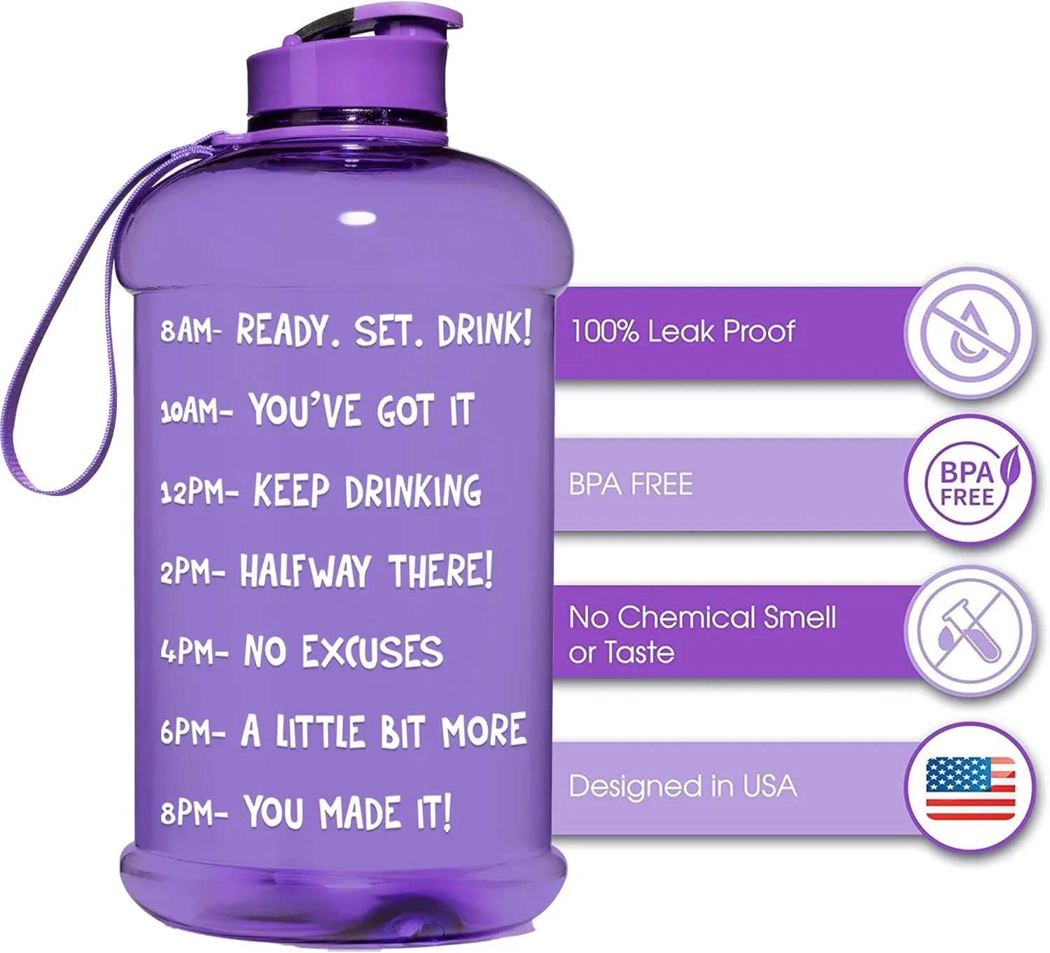 NatureWorks HydroMATE Half Gallon Water Bottle with Times to Drink BPA Free Leak Proof Reusable Jug with Handle 64 oz