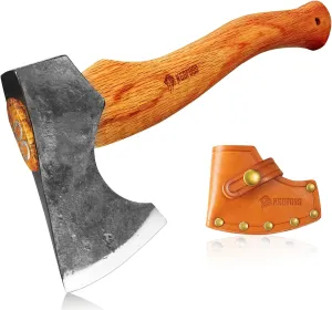NedFoss 13" Hatchet with Leather Sheath, Forged Carbon Steel Axe, Hatchets for Camping and Survival, Bearded Axe with Beech Handle, Bushcraft Axe, Carving Axe, Chopping Splitting Axe (Hippo)