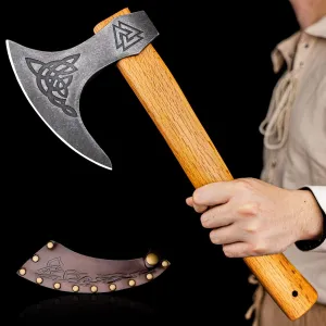 NedFoss 16" Viking Axe, Tomahawk with Leather Sheath, Viking Gift for Men, Valhalla Valknut Axe, Bearded Axe, Camping Hatchet, Gifts for Him