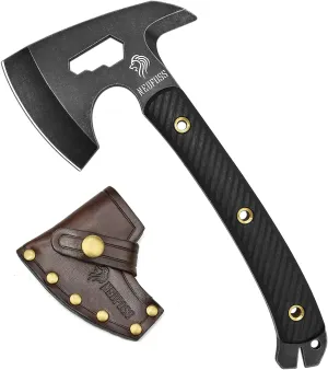 NedFoss Bison 9.8" Tactical Hatchet Axe, Tomahawk Hatchet with Genuine Leather Sheath and G10 Handle, Compact Camping Gear Bearded Axe, Multifunctional Survival Axe with Spike Tools, Camping Axe