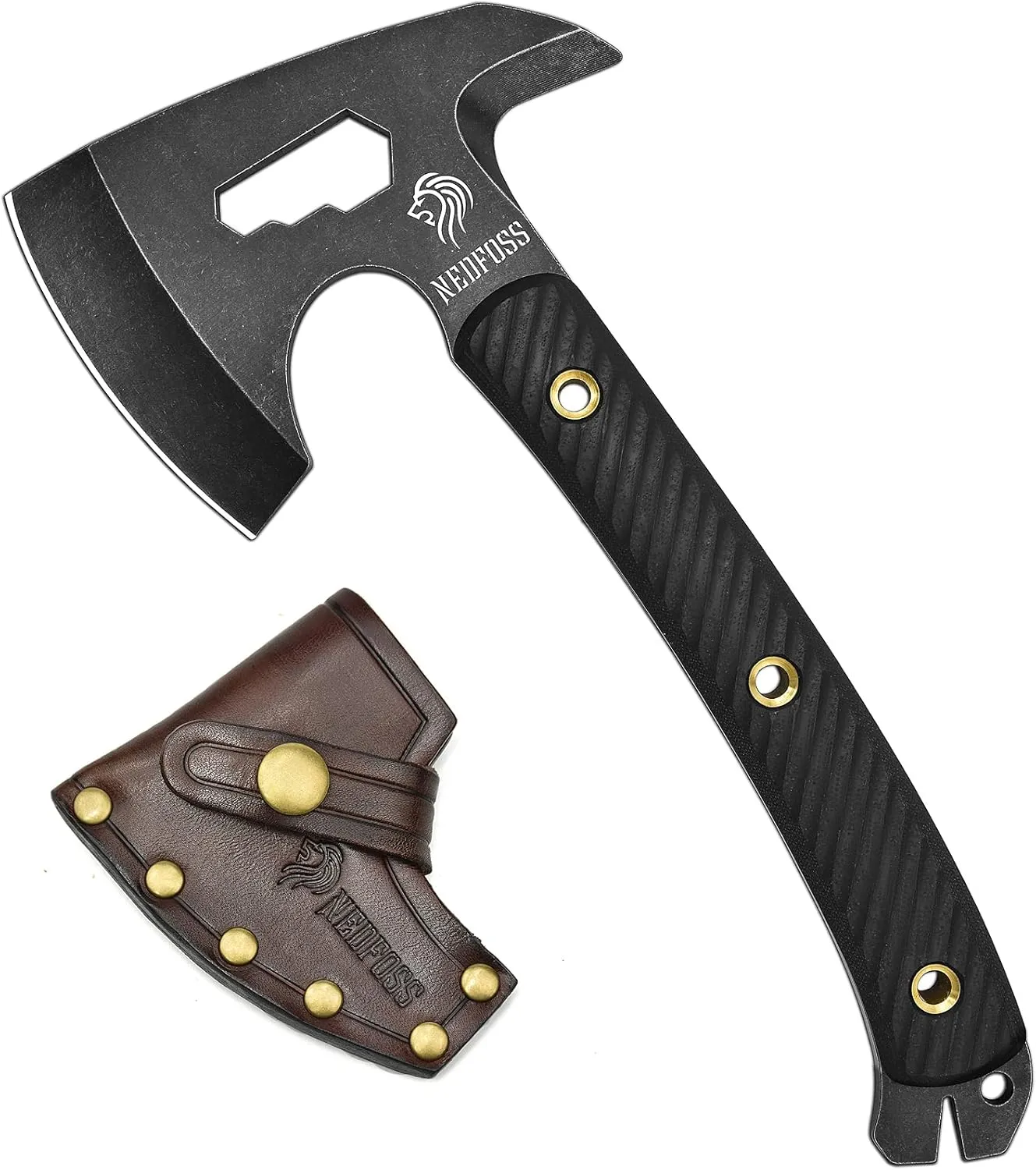 NedFoss Bison 9.8" Tactical Hatchet Axe, Tomahawk Hatchet with Genuine Leather Sheath and G10 Handle, Compact Camping Gear Bearded Axe, Multifunctional Survival Axe with Spike Tools, Camping Axe
