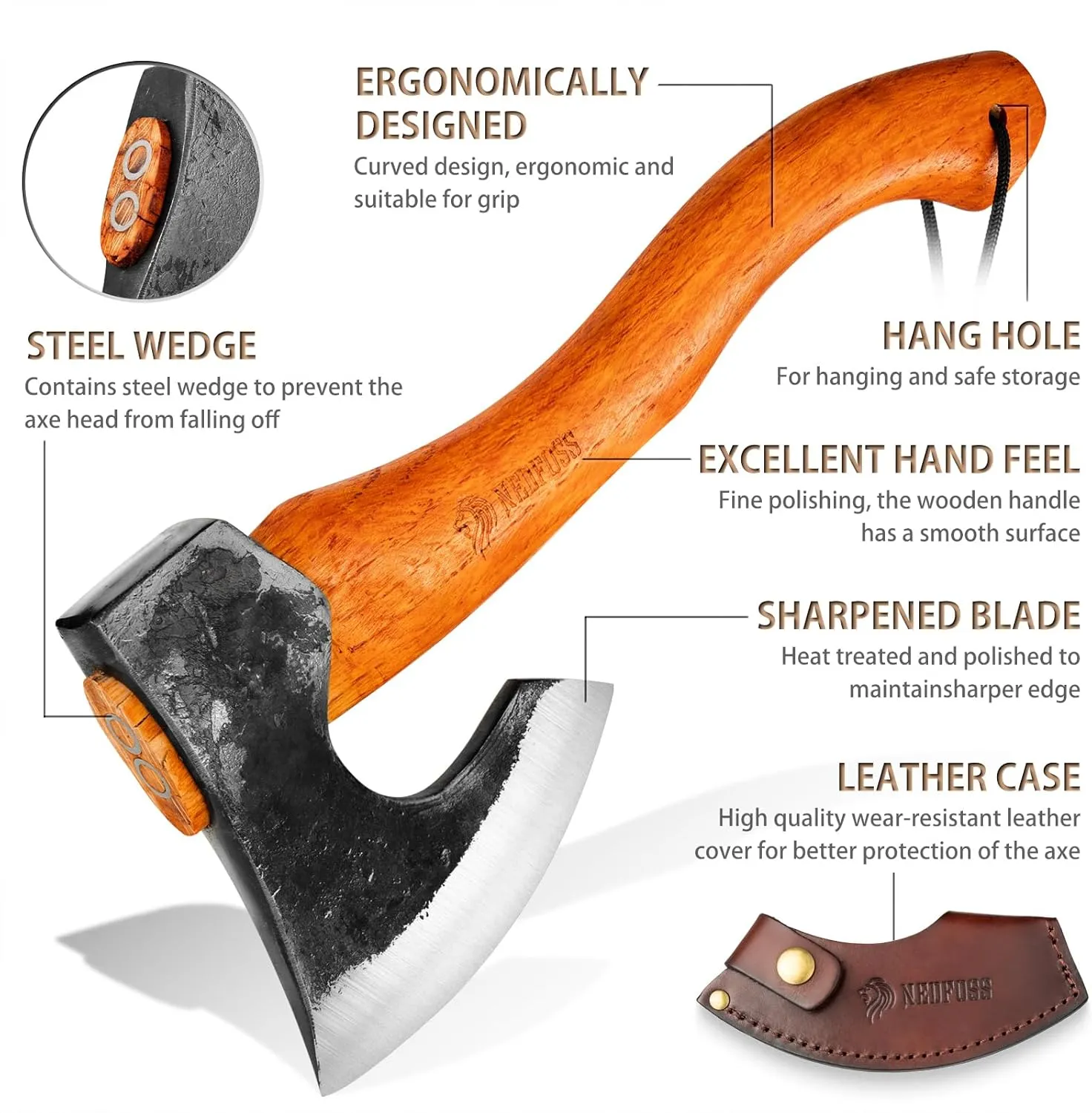 NEDFOSS Camping Hatchet Axe, Wooden Handle Bushcraft Axe with Sheath, Viking Axe with Steel Wedge, Hand Forged Hatchets for Camping and Survival, Gift for Men… (MMA-16)