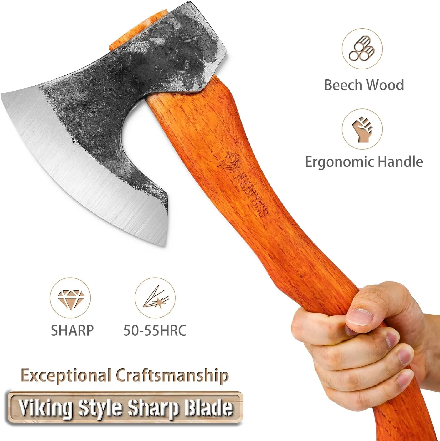 NEDFOSS Camping Hatchet Axe, Wooden Handle Bushcraft Axe with Sheath, Viking Axe with Steel Wedge, Hand Forged Hatchets for Camping and Survival, Gift for Men… (MMA-16)