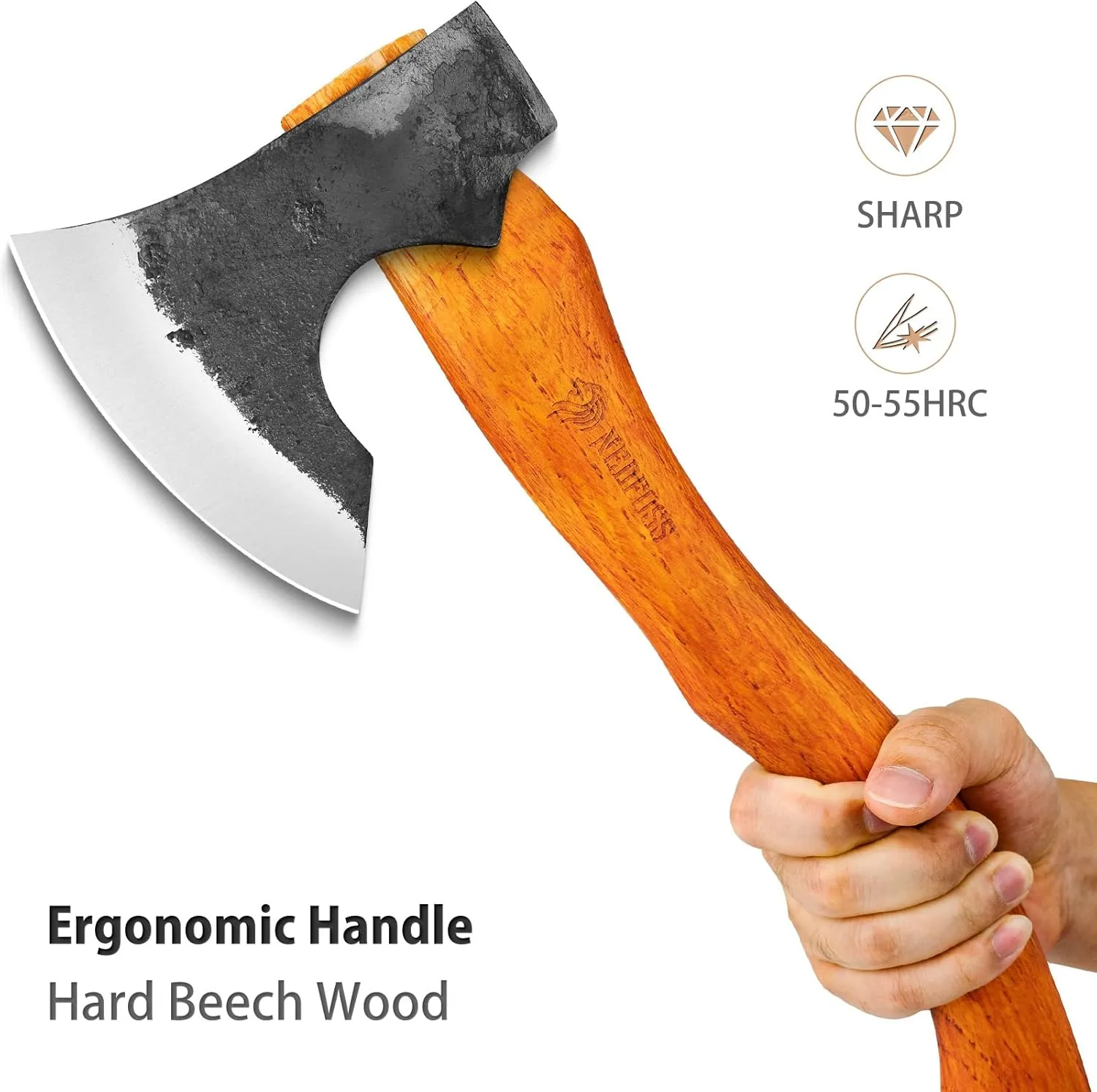 NEDFOSS Mammoth Camping Hatchet Axe, 15.5" Camping Axe with 1065 High Carbon Steel & Wooden Handle, Multi-Purpose Hatchet Axe for Camping, Bushcraft and Survival, Gift for Men