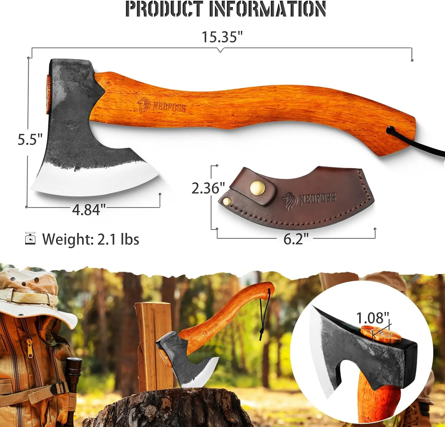 NEDFOSS Mammoth Camping Hatchet Axe, 15.5" Camping Axe with 1065 High Carbon Steel & Wooden Handle, Multi-Purpose Hatchet Axe for Camping, Bushcraft and Survival, Gift for Men