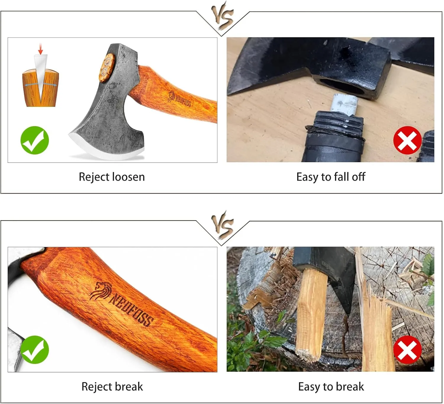 NEDFOSS Mammoth Camping Hatchet Axe, 15" Camping Axe with 1065 High Carbon Steel & Wooden Handle, Multi-Purpose Hatchet Axe for Camping, Bushcraft and Survival, Gift for Men