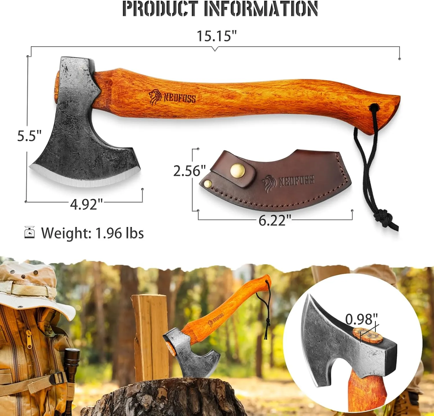 NEDFOSS Mammoth Camping Hatchet Axe, 15" Camping Axe with 1065 High Carbon Steel & Wooden Handle, Multi-Purpose Hatchet Axe for Camping, Bushcraft and Survival, Gift for Men