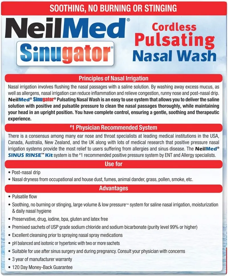 NeilMed Sinugator Cordless Pulsating Nasal Wash Kit with One Irrigator, 30 Premixed Packets and 3 AA Batteries(Pack of 1)