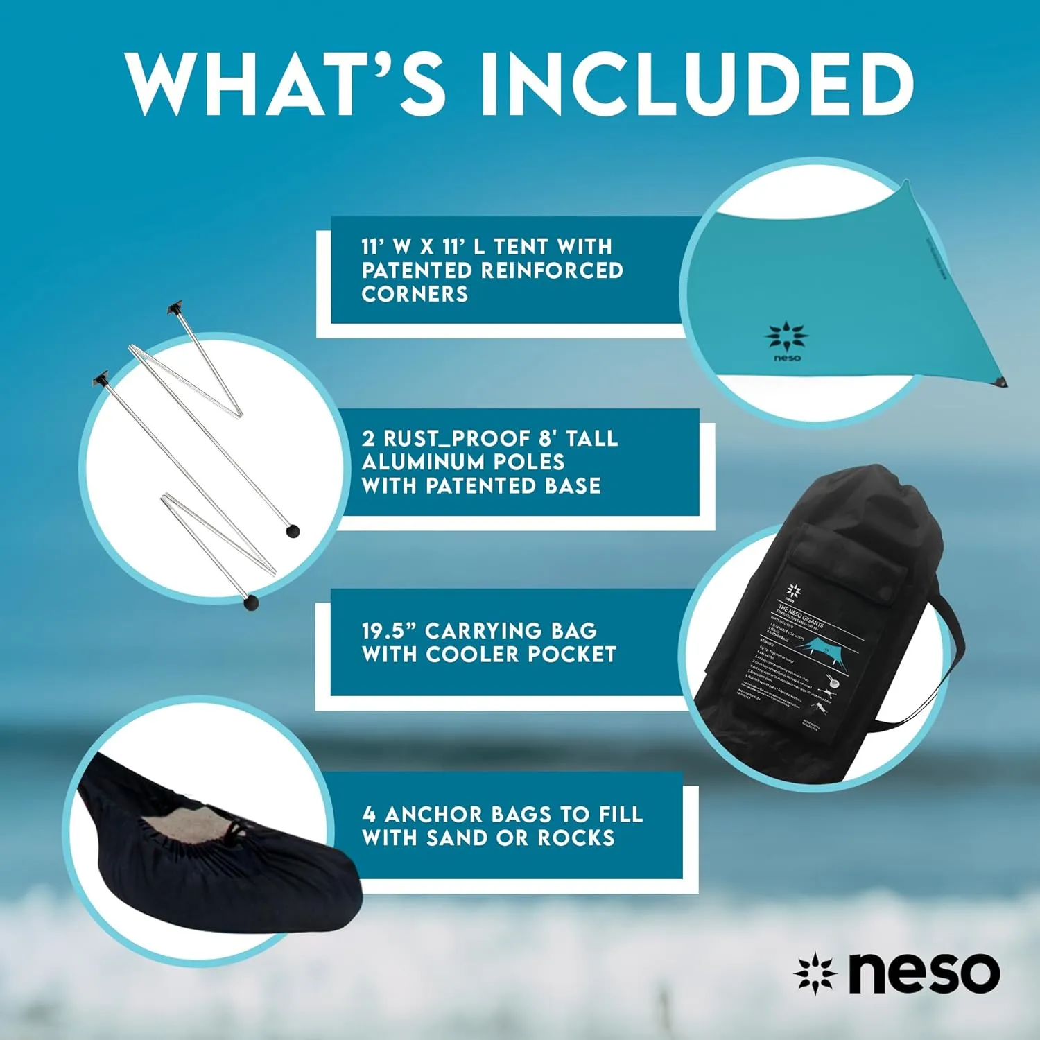 Neso Gigante - Portable Beach Tent - Ideal to Enjoy with Family and Friends - UPF 50 , Water-Resistant, and Lightweight - Teal, 11' x 11'