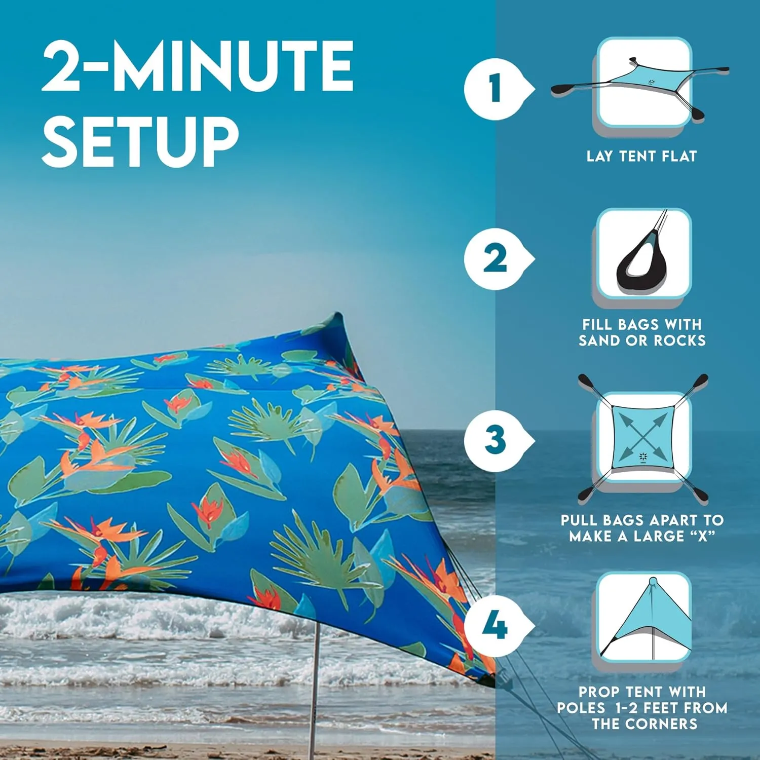 Neso Gigante - Portable Beach Tent - Ideal to Enjoy with Family and Friends - UPF 50 , Water-Resistant, and Lightweight - Tropical Floral, 11' x 11'