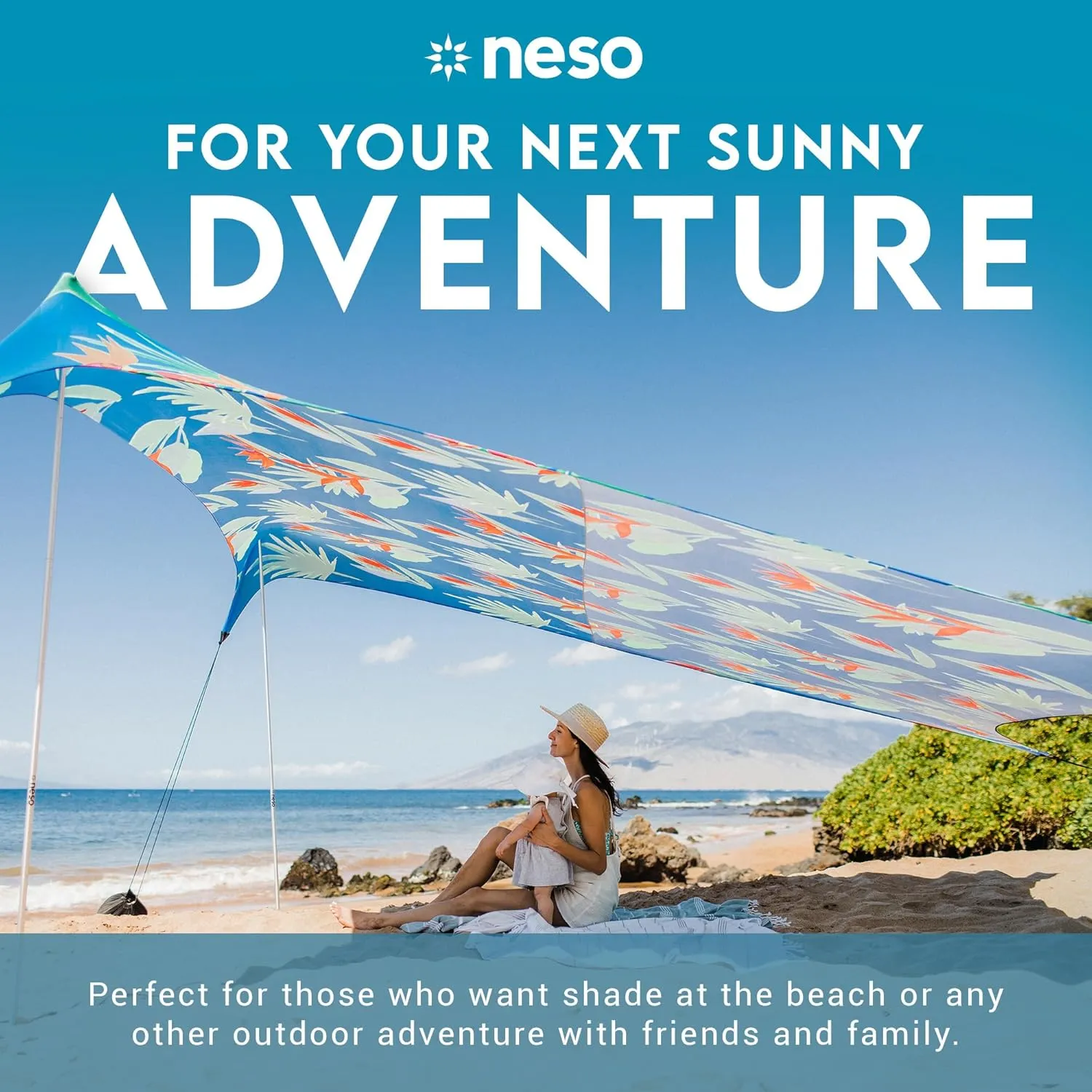 Neso Gigante - Portable Beach Tent - Ideal to Enjoy with Family and Friends - UPF 50 , Water-Resistant, and Lightweight - Tropical Floral, 11' x 11'