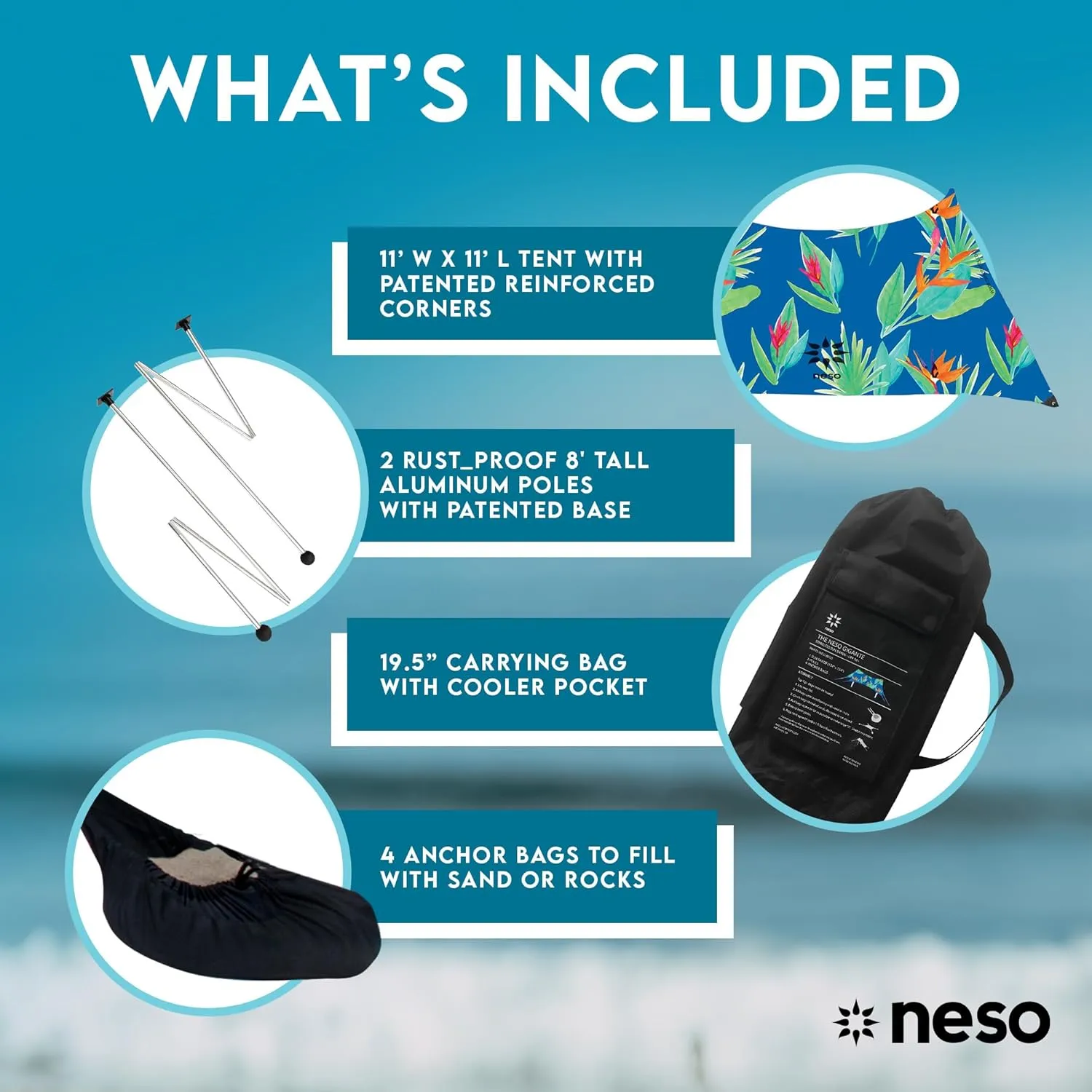 Neso Gigante - Portable Beach Tent - Ideal to Enjoy with Family and Friends - UPF 50 , Water-Resistant, and Lightweight - Tropical Floral, 11' x 11'