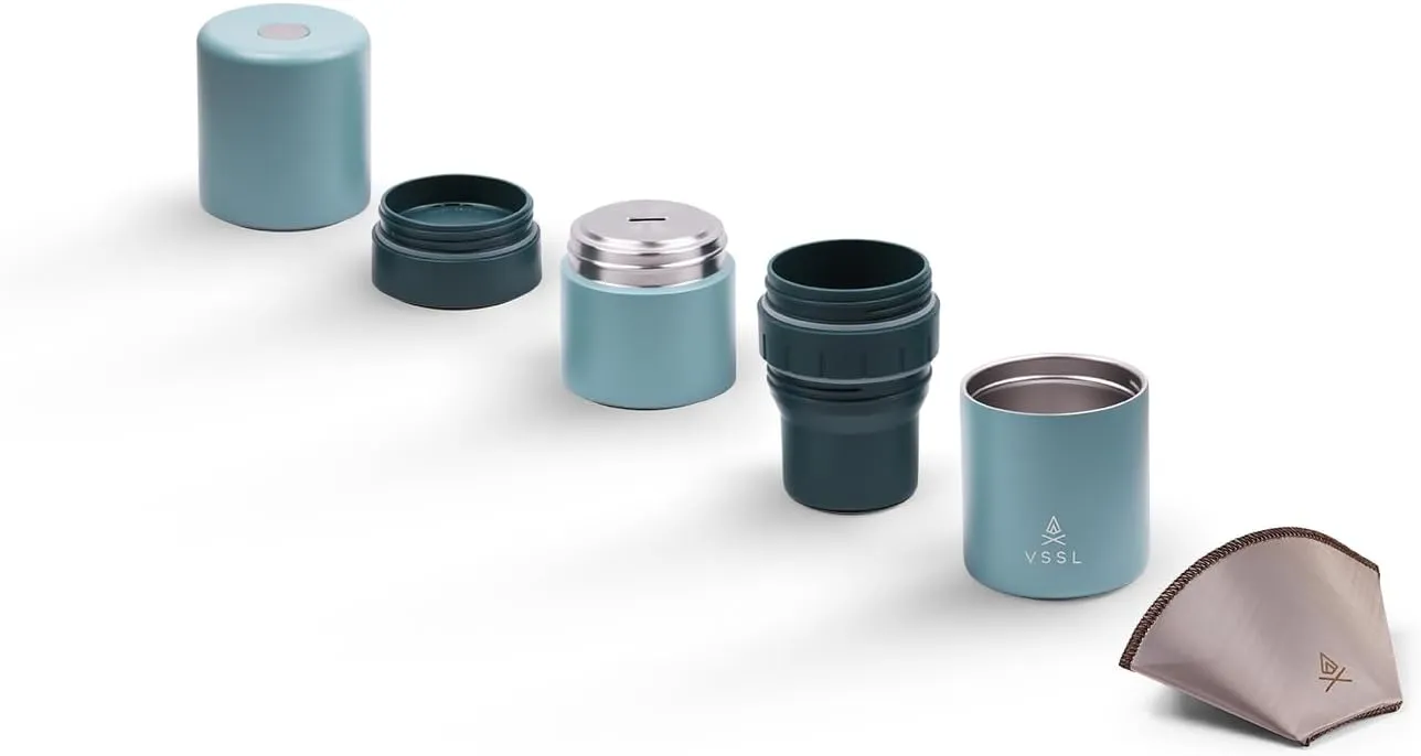 Nest Pour Over Coffee Kit, Transportable and Compact Pour Over Kit with Two 10 oz Double Walled Mugs, Everglade