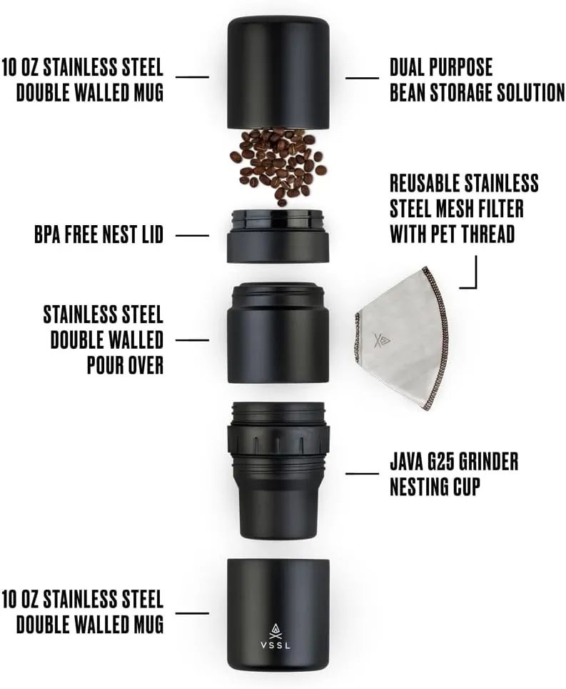 Nest Pour Over Coffee Kit, Transportable and Compact Pour Over Kit with Two 10 oz Double Walled Mugs