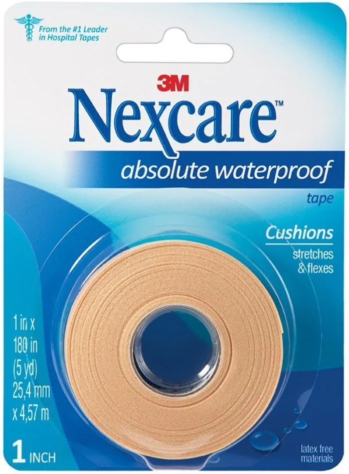 Nexcare Absolute Waterproof First Aid Tape, Breathable, Hypoallergenic, 1-Inch x 5-Yard Roll (Pack of 6)