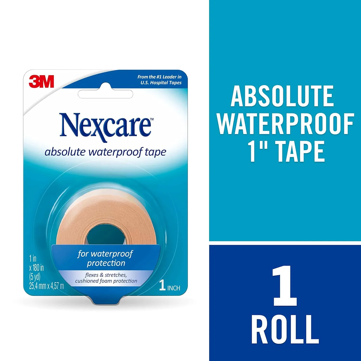 Nexcare Absolute Waterproof Tape, Flexible Foam Medical Tape, Secures Dressing and Keeps Wounds Dry - 1 in x 5 Yds, 1 Roll of Tape (Pack of 2)