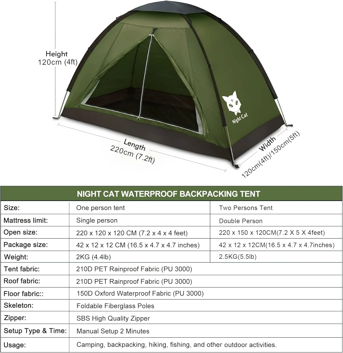 Night Cat Backpacking Tent for One 1 to 2 Persons Lightweight Waterproof Camping Hiking Tent for Adults Kids Scouts Easy Setup Single Layer 2.2x1.2m