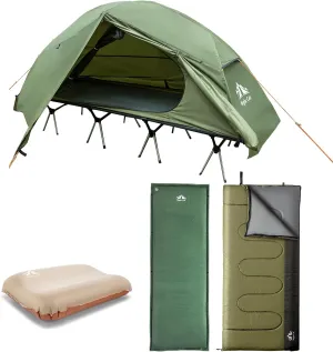 Night Cat Camping Cot Tent with Self-Inflating Sleeping Pad and Self-Inflatable Camping Pillow Camping Sleeping Bag Waterproof 1-Person Off-Ground Combo Cot Bed for Adults Portable Easy Set-up Tent
