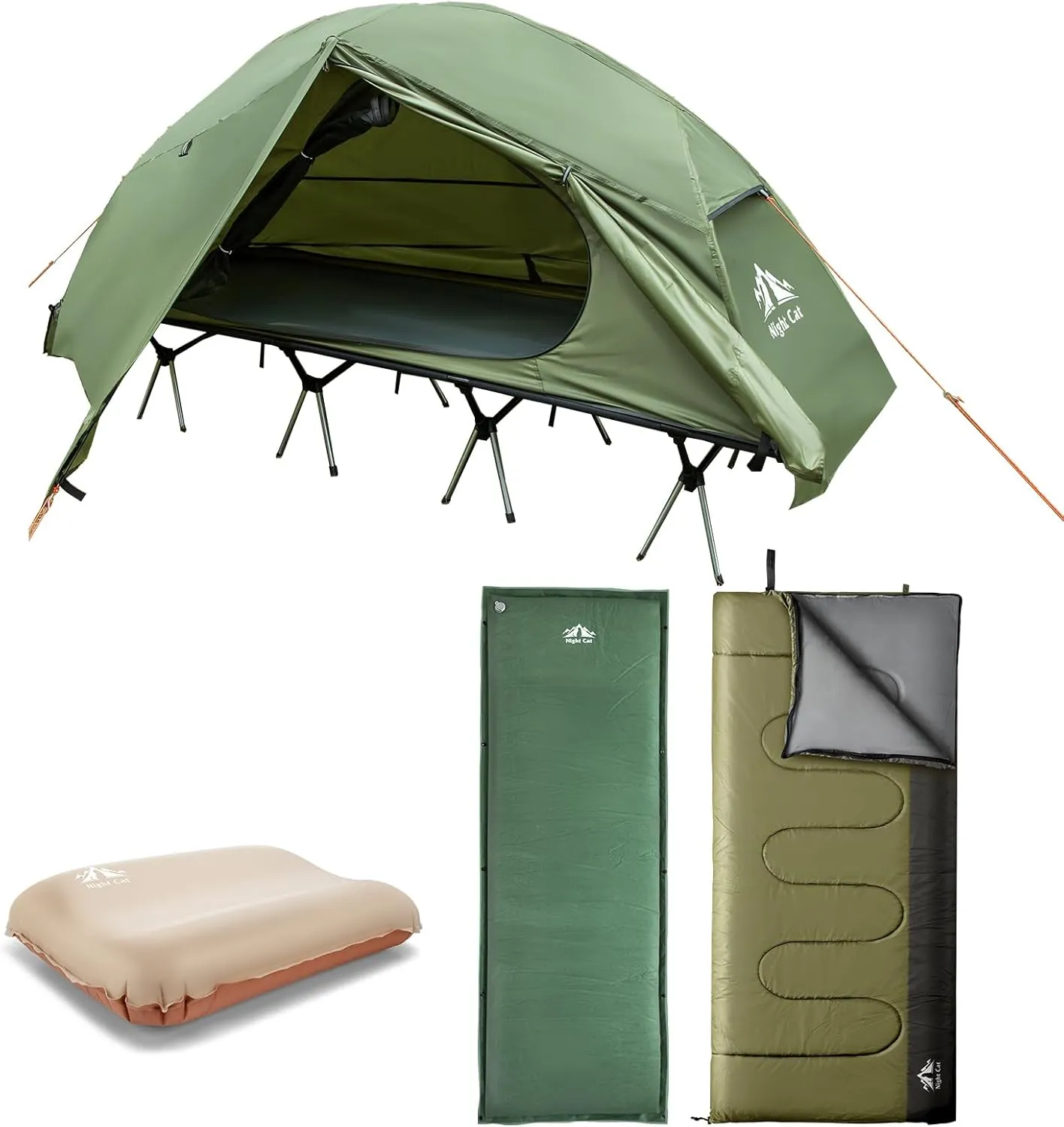 Night Cat Camping Cot Tent with Self-Inflating Sleeping Pad and Self-Inflatable Camping Pillow Camping Sleeping Bag Waterproof 1-Person Off-Ground Combo Cot Bed for Adults Portable Easy Set-up Tent
